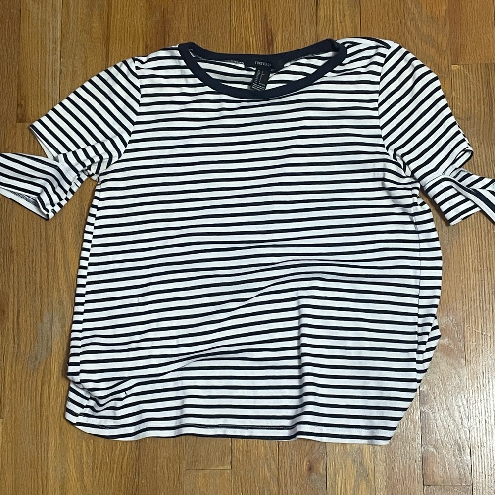 White shirt with navy blue strips
